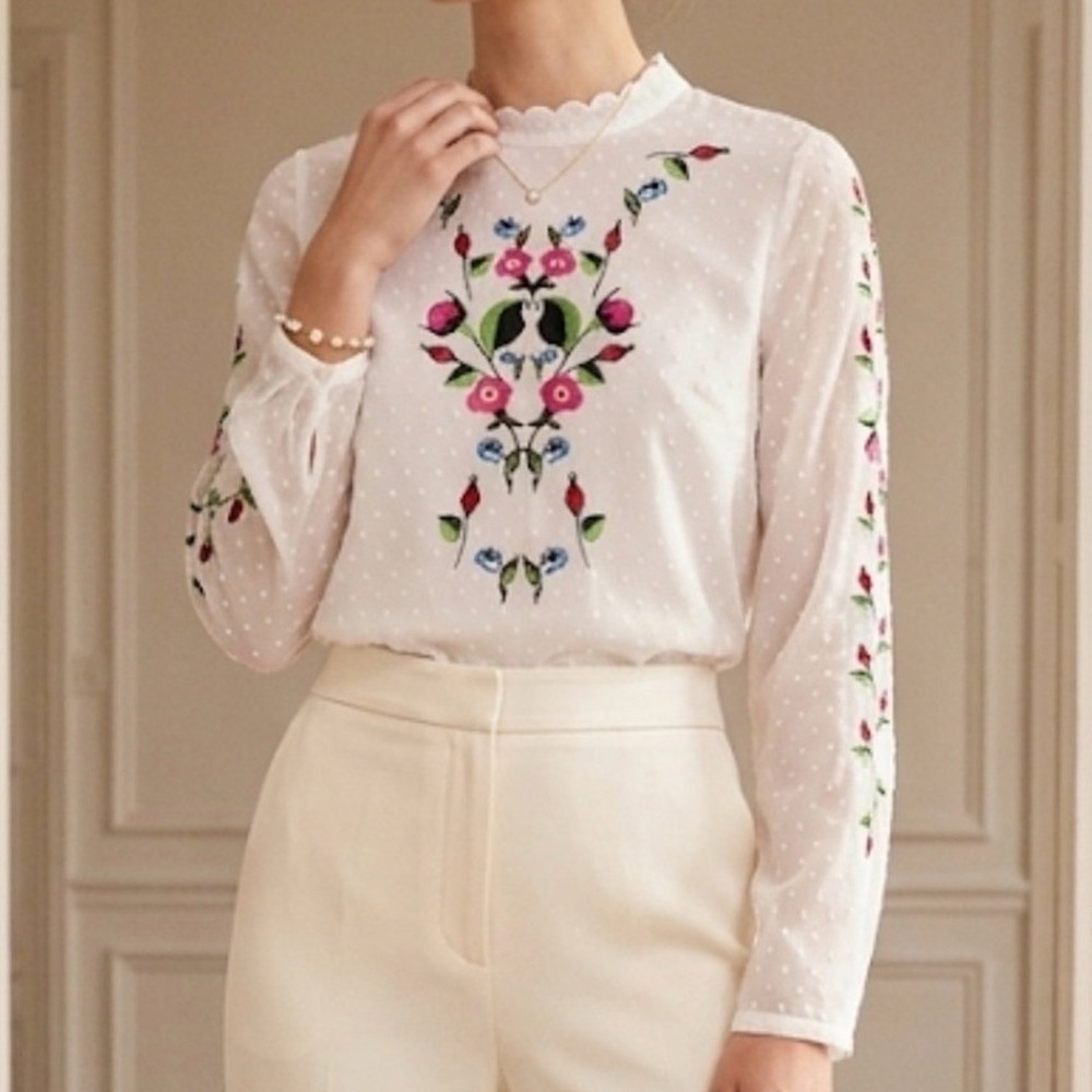 Y.A.S Yasmolia White Swiss Dot Floral Embroidered High Neck Blouse Top Size M
